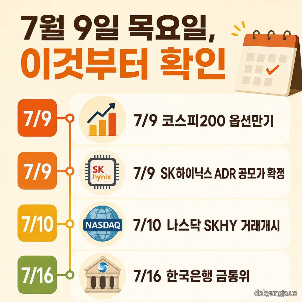 2026년 7월 9일 목요일 증시 관전포인트 일정 인포그래픽 — 코스피200 옵션만기일, SK하이닉스 ADR 공모가 미국 현지 확정, 7월 10일 나스닥 SKHY 거래개시, 7월 16일 한국은행 금통위