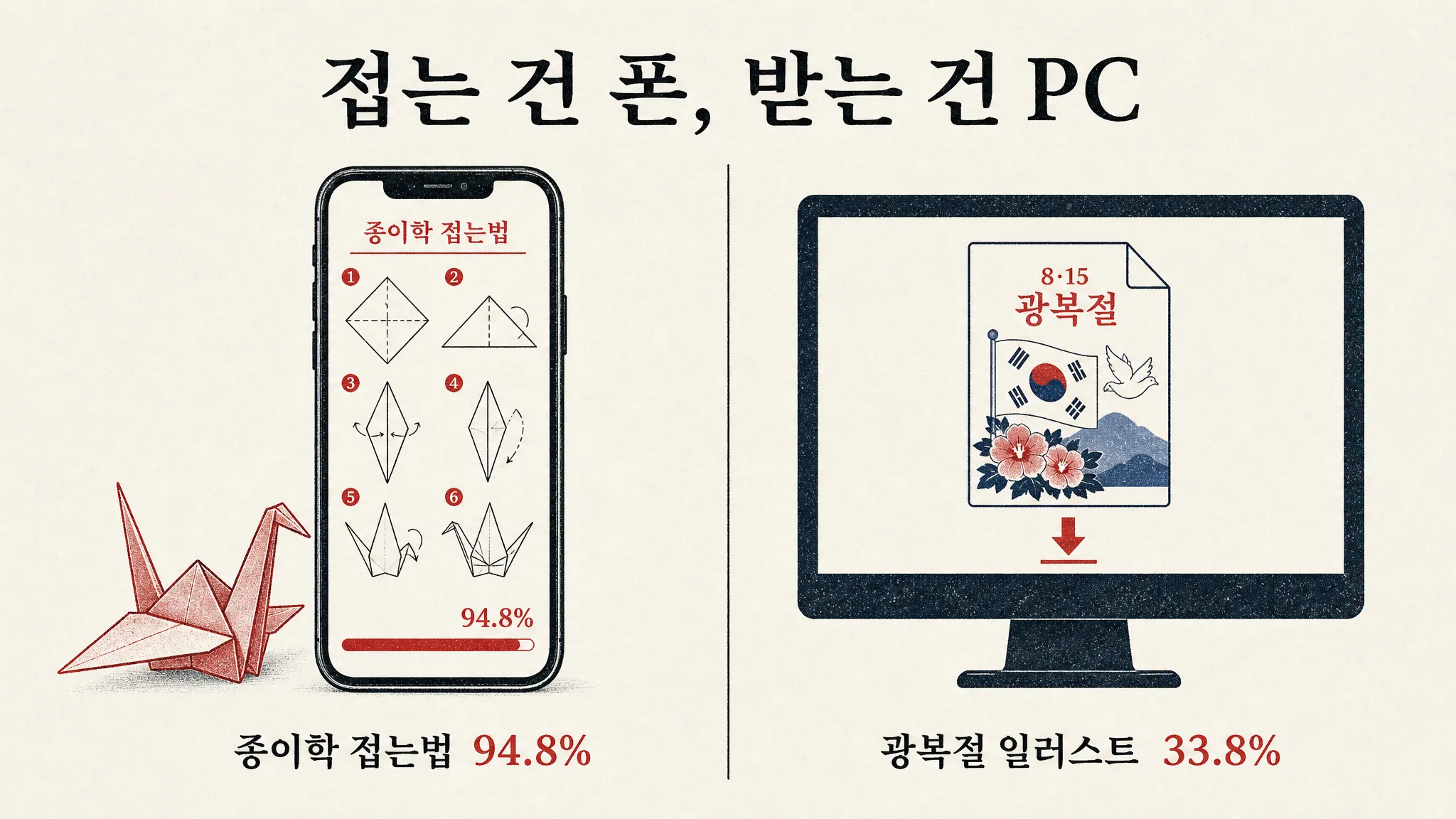 「광복절 일러스트」는 66.2%가 PC였습니다 — 같은 미술·디자인 칸에서 종이 접는 검색은 95%가 휴대폰이었습니다 — 대표 이미지